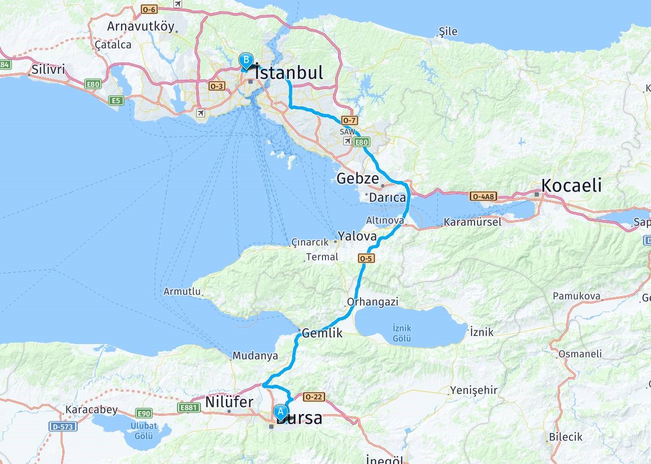 distance d'Istanbul à Bursa
