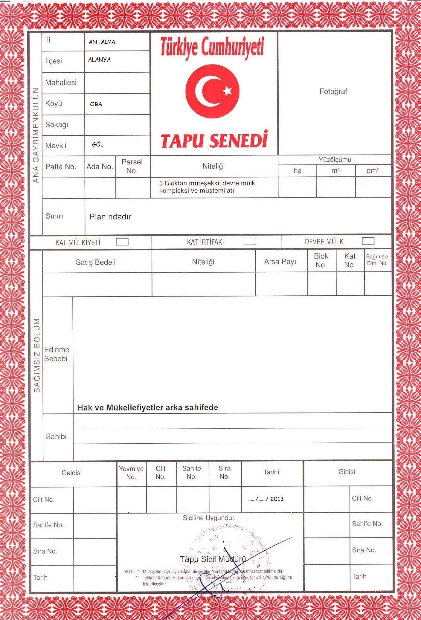 Types of Title deed in Turkey