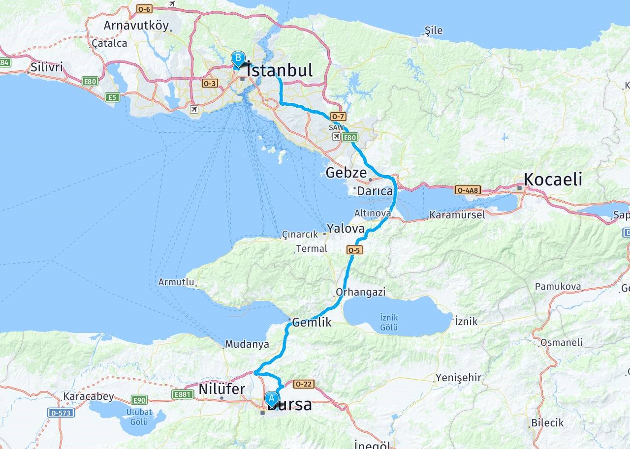 distance d'Istanbul à Bursa 
